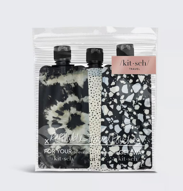 Pack of three Refillable Travel Pouches by Kitsch in black and white patterns