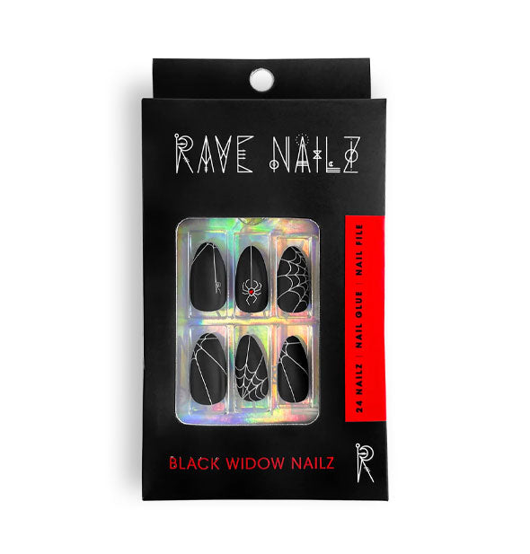 Pack of Black Widow Nailz by Rave Nailz feature white web and spider designs with red crystal accents in the spiders' bodies