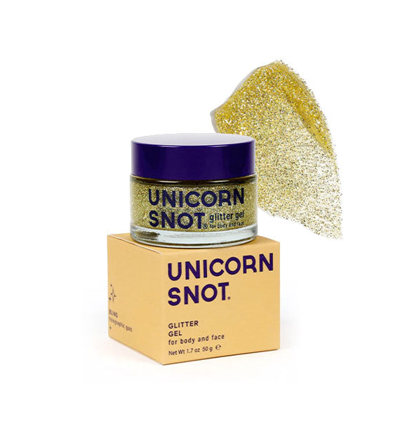 Pot of gold Unicorn Snot Glitter Gel with sample product application at top right in the shade Bling