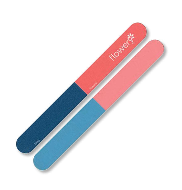 Two two-tone Flowery nail files, one dark blue and coral and the other light blue and light coral