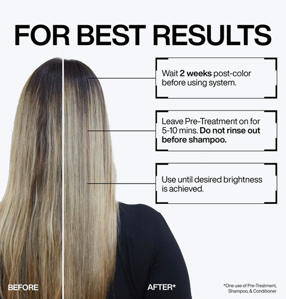 Hair before and after use of Redken's Blondage High Bright system includes instructions for use