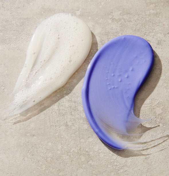 Sample applications of Unite Blonda Shampoo and purple Conditioner on a textured surface