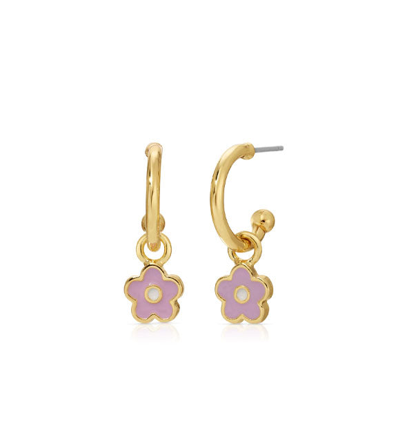 Pair of gold open-ended post hoop earrings with purple enamel daisy charms attached