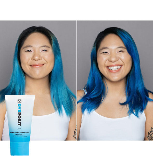 Model's hair before and after using Good Dye Young DYEposit in Blue