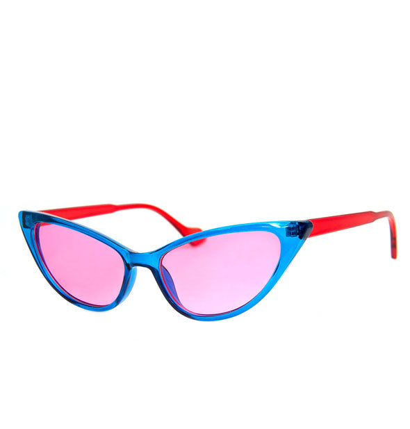 Pair of cat-eye sunglasses with blue and red frames and pink lenses