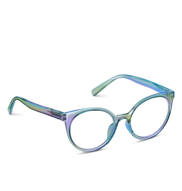 Pair of rounded cat-eye glasses frames with a Blue iridescent finish