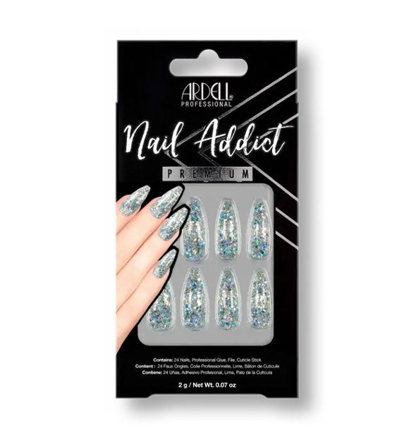 Pack of Ardell Nail Addict Premium press-on nails in a blue glitter finish with a long, squared stiletto shape
