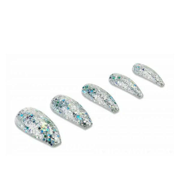 Press-on nails with blue glitter finish in a long, squared stiletto shape