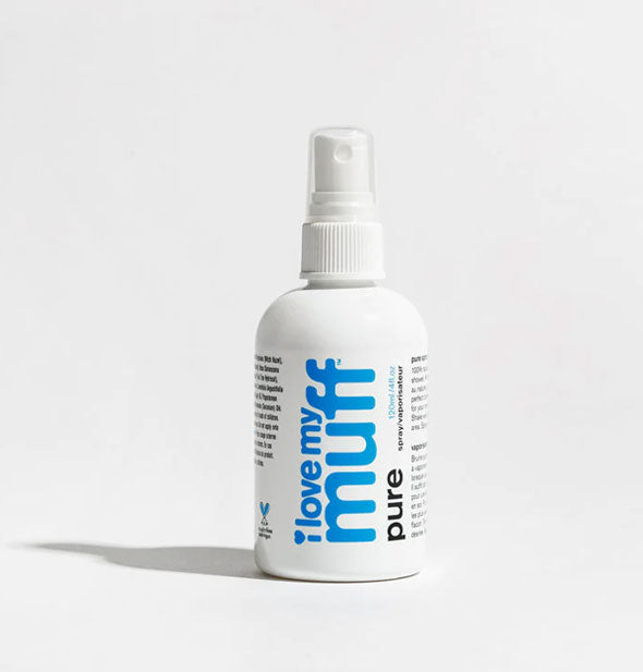 White bottle of I Love My Muff Pure Spray with blue and black lettering