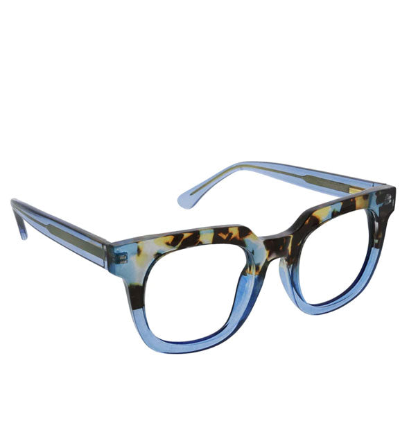 Pair of predominantly blue translucent glasses with upper tortoise pattern