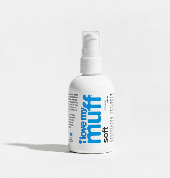 White bottle of I Love My Muff Soft Lotion with blue and black lettering