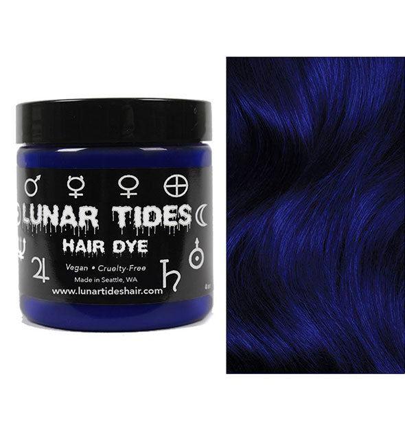 Lunar Tides Hair Dye pot shown in dark blue shade Blue Velvet