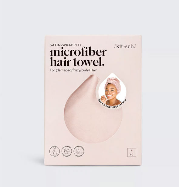 Satin-Wrapped Microfiber Hair Towel by Kitsch in Blush shown through window in packaging