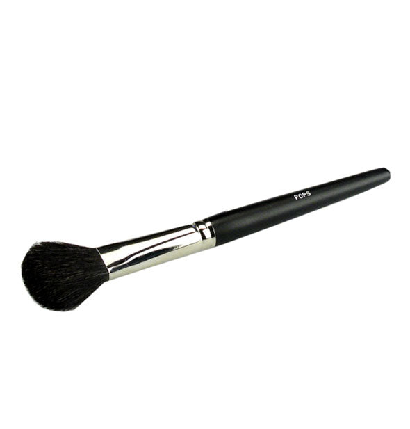Rounded Pops Cosmetics makeup brush with nickel ferrule and black handle