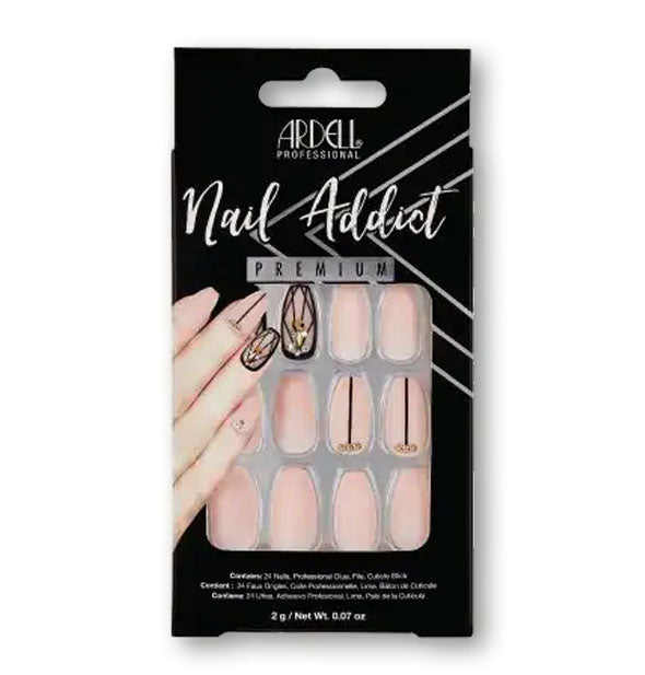 Pack of Nail Addict Premium press-on nails by Ardell features a pink base with sporadic black geometric designs and crystal embellishments
