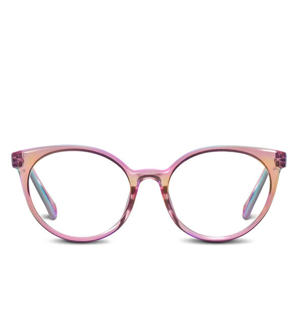 Pair of rounded cat-eye glasses frames with a pink iridescent finish