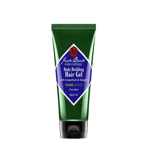 Green 4 ounce bottle of Jack Black Body-Building Hair Gel with blue label, white text, and black cap