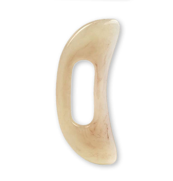 Curved Body Gua Sha massager with central opening and a tan color with marbled effect