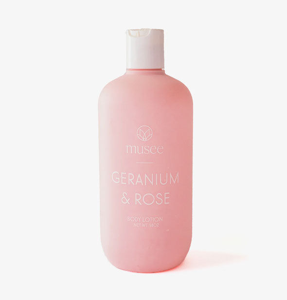 Pink 14 ounce bottle of Musee Geranium & Rose Body Lotion with white cap