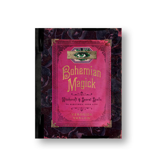 Cover of Bohemian Magick: Witchcraft & Secret Spells to Electrify Your Life features a dark vintage-style border with dark pink center accented by mysterious decorative elements and gold lettering