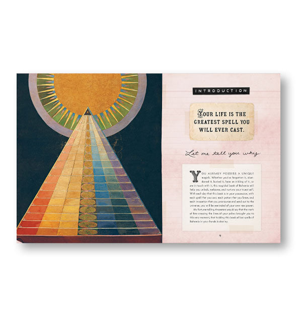 Page spread from Bohemian Magick features an introduction subtitled, "Your life is the greatest spell you will ever cast" alongside a prismatic pyramid illustration