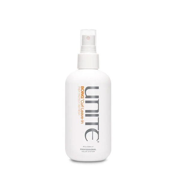 White 8 ounce bottle of Unite BOING Curl Leave-In spray