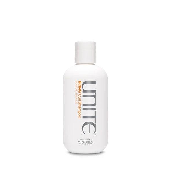 White 8 ounce bottle of Unite BOING Curl Shampoo