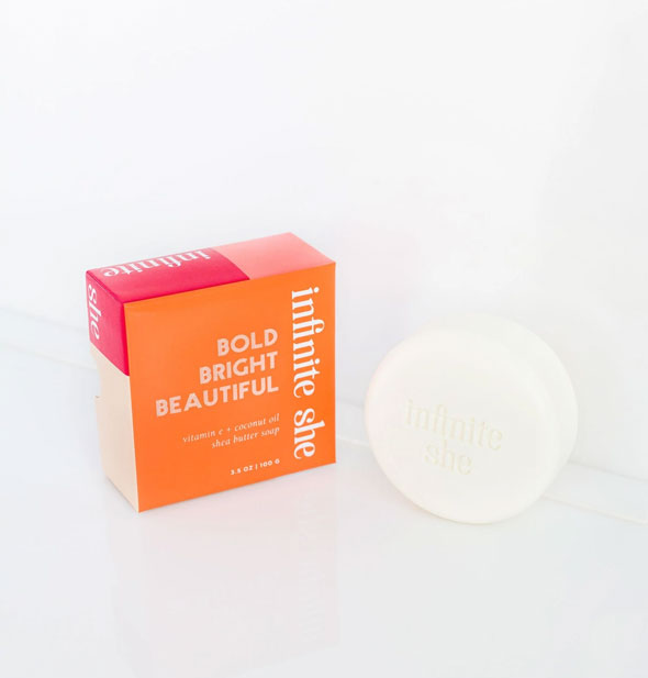 Round white bar and Square orange and pink box of Infinite She Bold Bright Beautiful soap