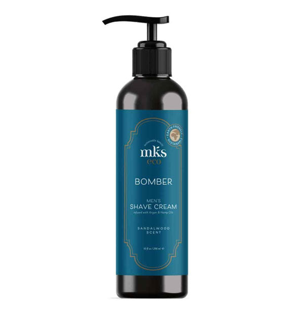 10 ounce bottle of MKS eco Bomber Men's Shave Cream with blue label and pump nozzle