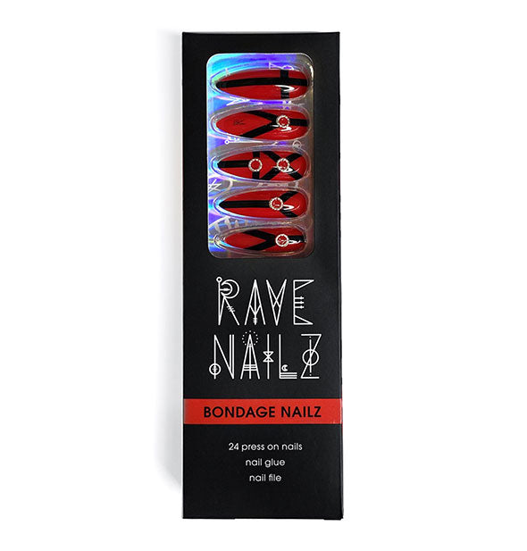 Rectangular pack of Rave Nailz Bondage Nailz with red and black strappy designs