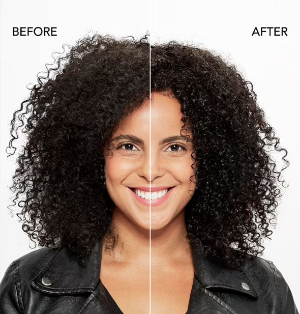 Side-by-side comparison of model's very curly hair before and after styling with Bumble and bumble Bond-Building Repair Styling Cream