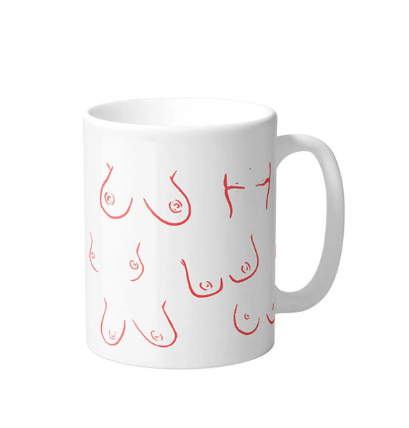 White coffee mug with all-over illustrations of boobs in red 