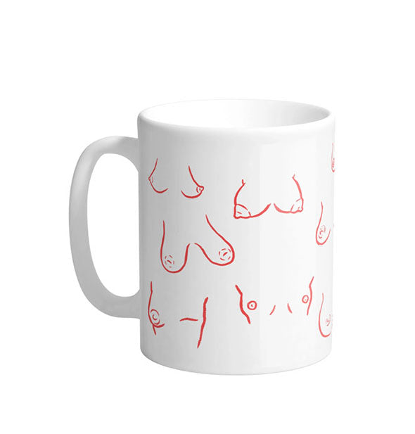 White coffee mug with all-over illustrations of boobs in red 
