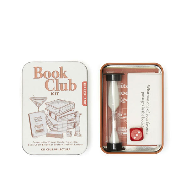 Book Club Kit tin with lid removed to show contents inside