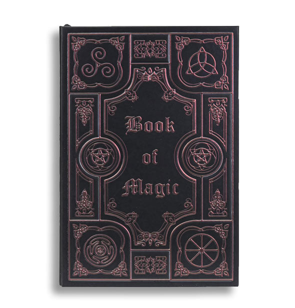 Black journal cover with metallic red embossed designs says, "Book of Magic" in the center