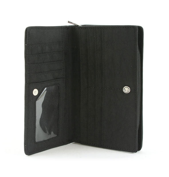 Black wallet interior shows card slots, button closure, and ID window