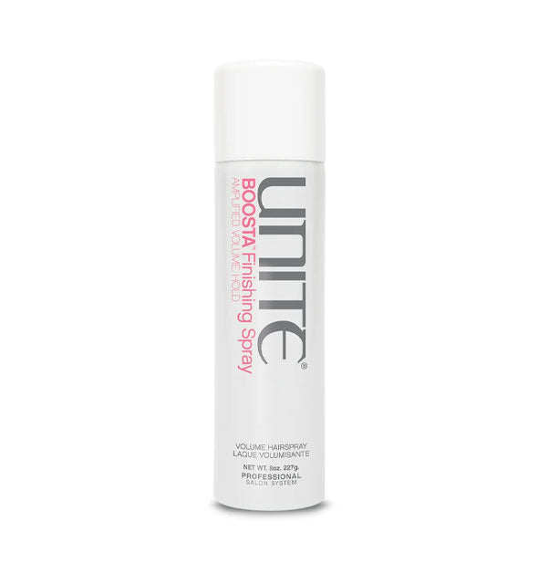 White 8 ounce can of Unite BOOSTA Finishing Spray with gray and pink lettering