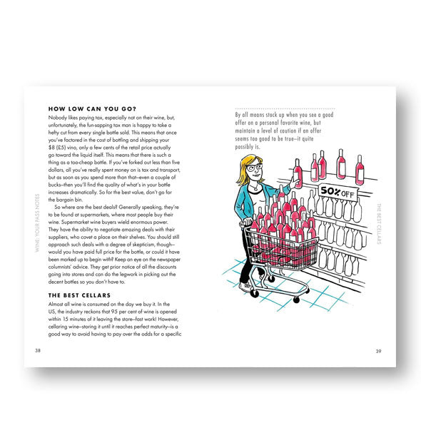 Page spread from Booze Basics features an illustration of a woman filling a shopping cart with discounted bottles alongside a section titled, "How Low Can You Go?"
