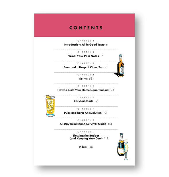 Contents page from Booze Basics with small cocktail-themed illustrations