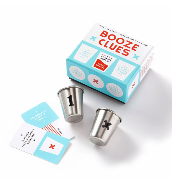 Booze Clues game box with two cards and two stainless steel shot glasses 