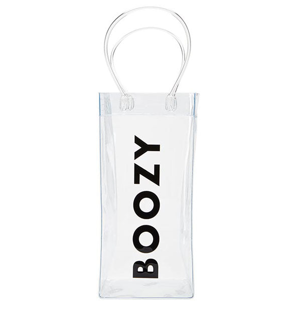 Clear plastic Boozy bag with black lettering