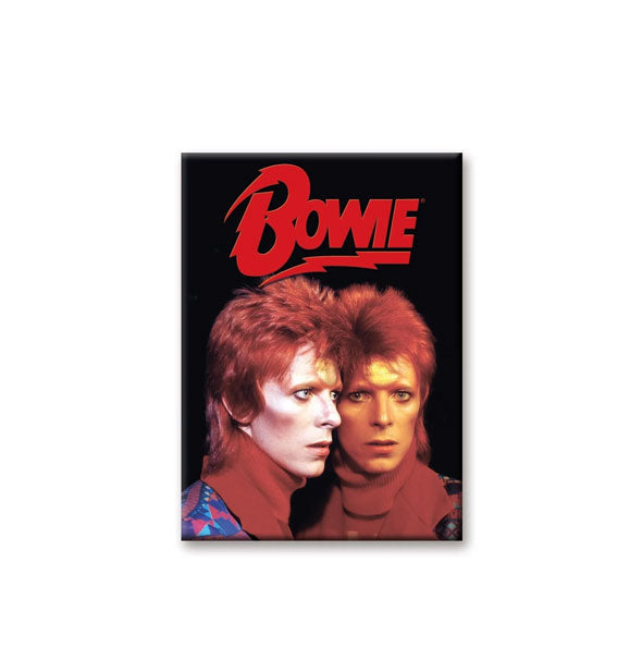 Rectangular magnet features an image of musician David Bowie reflected in a mirror on a dark background with the word, "Bowie" in red lightning bolt lettering at top