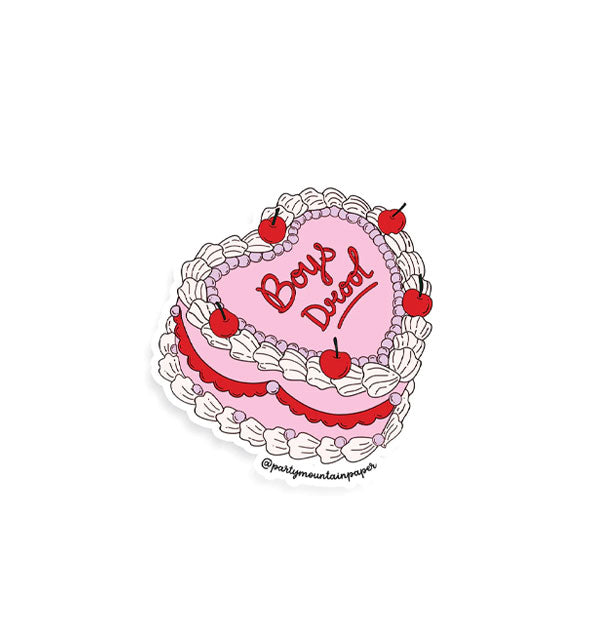 Heart-shaped pink, white, and red frosted cake sticker says, "Boys Drool"