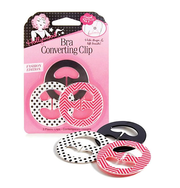 Package of three Bra Converting Clips with samples shown in front in black, black and white polkadot, and pink chevron designs
