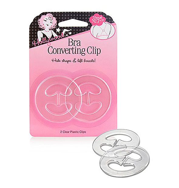Pack of two clear Bra Converting Clips with samples shown in front