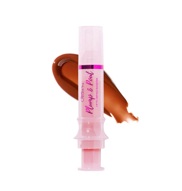 Tube of Plump & Pout Lip Plumping Booster with color swatch behind in the shade Brattitude (Mocha Brown)