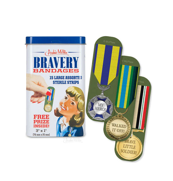 Tin of Archie McPhee Bravery Bandages with samples shown: My Hero!, Walked It Off!, and Brave Little Soldier! resemble medals of honor