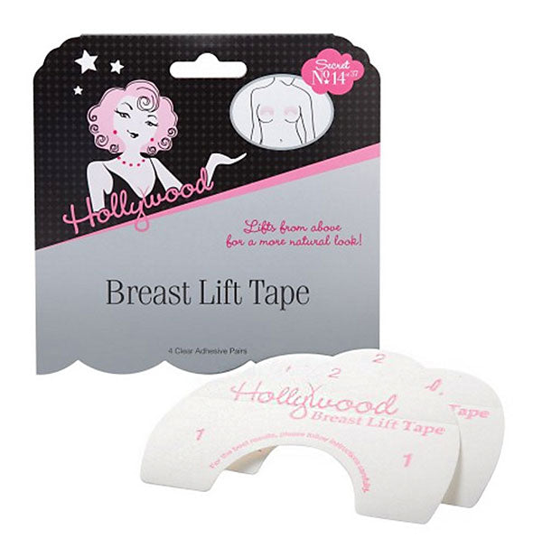 White Hollywood Breast Lift Tape Strips with black, gray, and pink packaging