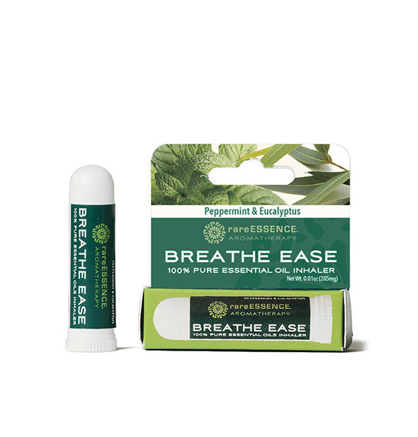 Tube of Peppermint & Eucalyptus Breathe Ease 100% Pure Essential Oil Inhaler by Rare Essence Aromatherapy with box packaging