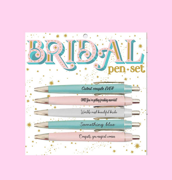 Set of five Bridal pens in pastel shades, each printed with a wedding-themed phrase